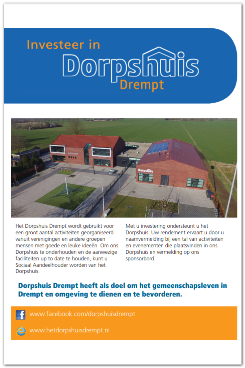 voorzijde flyer Sociaal Aandeelhouders Dorpshuis Drempt